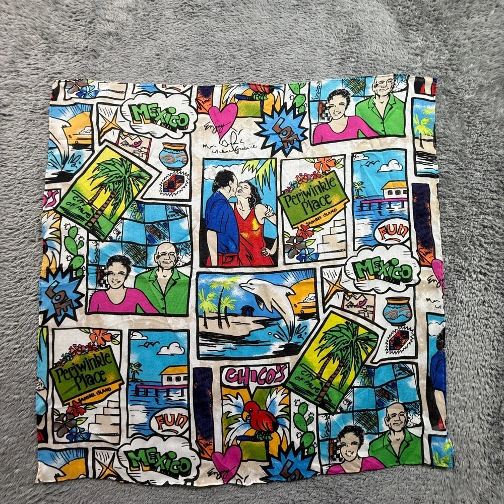 Chico's Silk Scarf Womens OS Multi Color EUC Coastal Sanibel Island Comic Print